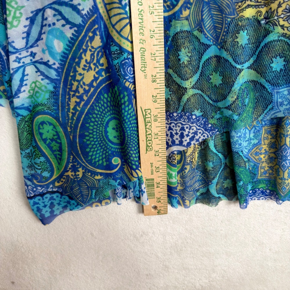 Chico's Blue Green Paisley Mesh Handkerchief Hem Pull On Midi Skirt Size XL - Picture 4 of 8